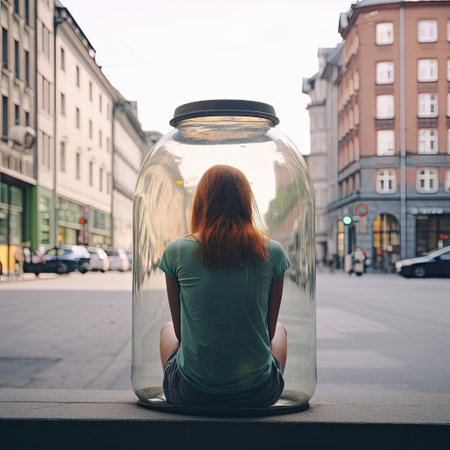 Young woman with red hair sitting inside a jar on the street, surreal city scene. AI generated picture. World Introvert Day conceptの素材
