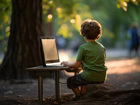 A boy sitting on a wood bench and working on a laptop outside in the park. AI generated picture. World Introvert Day concept.の素材