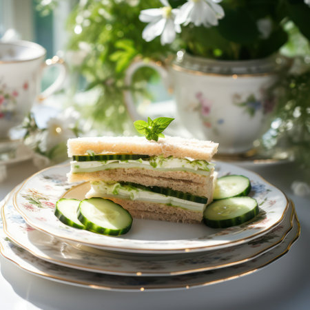 English cucumber sandwiches on beautiful vintage plates. Cold traditional tasty appetizer. AI generated picture. Sandwich day background.の素材