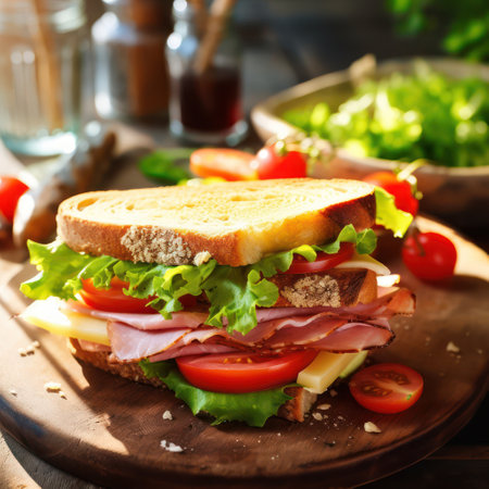 Traditional sandwich with ham and cheese close up. AI generated picture. Sandwich day background.の素材