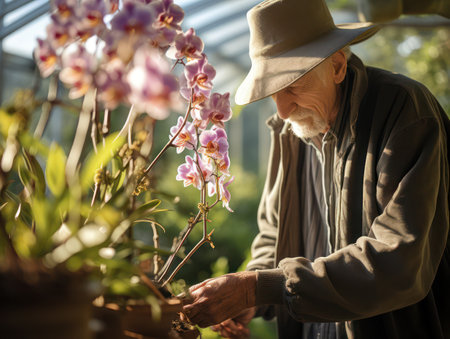 Elderly man growing orchid flowers. Senior man with potted flower. AI generated picture. Leisure of pensioners.の素材