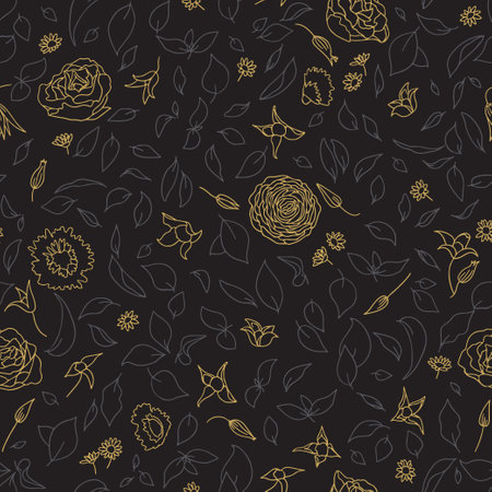 Gold roses on the black background pattern, subtle tonal range, delicate outline, organic contours.のイラスト素材