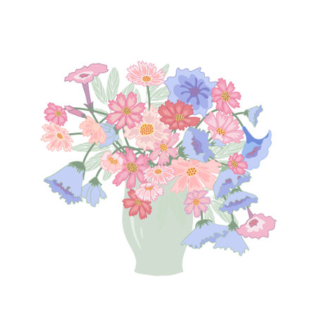 A beautiful bouquet of pink and blue flowers in a vase. Isolated, on white backgroundのイラスト素材