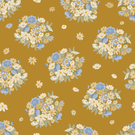 Floral pattern of pale pink and blue flowers bouquets on a yellow background. Cottage style. Scattered compositionのイラスト素材