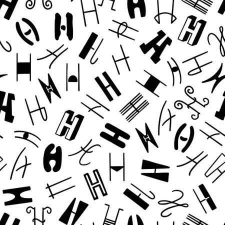Black and white seamless pattern with the letter H in various styles, hand lettering.のイラスト素材