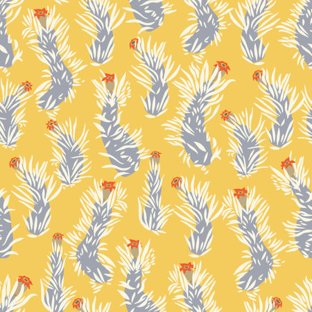 Moss drawing on yellow background. Hand drawn cartoon style seamless pattern.のイラスト素材
