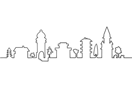 Continuous line art houses, single line sketch, isolated on white background. One continuous line drawing.のイラスト素材