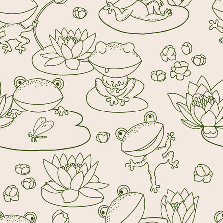 Little frogs outline on beige background. Hand drawn cartoon style seamless patternのイラスト素材
