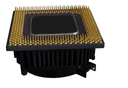 A older computer CPU with fan  on a plain white backgroundの写真素材