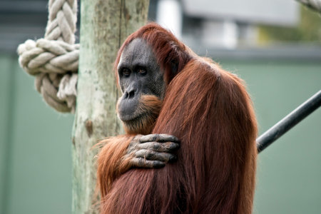 the orangutan is sitting scratching his shoulder