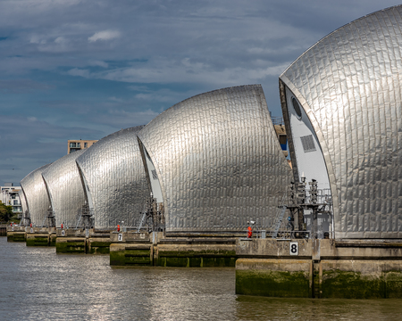 The Thames Barrier viewed from the West side of the South bankのeditorial素材