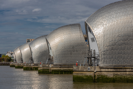 The Thames Barrier viewed from the West side of the South bankのeditorial素材