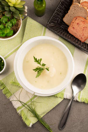 Cheese soup with parsley in a white bowl on a gray background.の写真素材