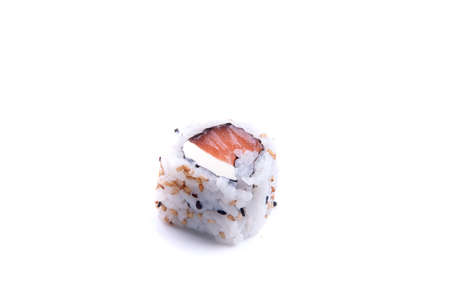 Urumaki Philadelphia roll sushi with raw salmon and cream cheese just one piece isolated angleの写真素材