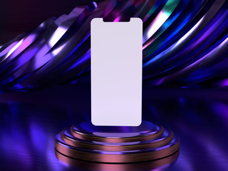 Smartphone screen mockup above triple neon cylinder pedestal with abstract neon yellow background...