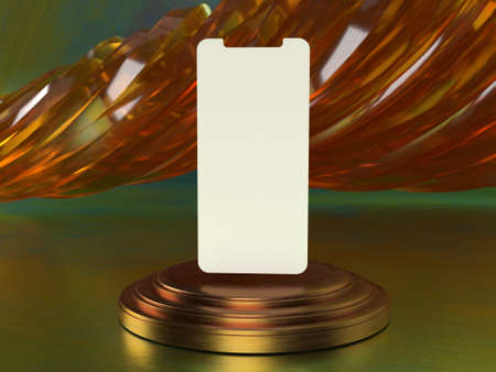 Smartphone screen mockup above triple neon cylinder pedestal with abstract neon yellow background product presentation stage display by 3d renderingの写真素材