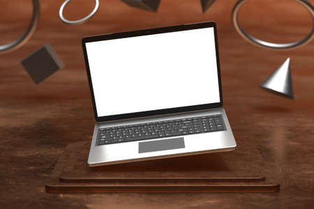 Laptop computer screen mockup above triple bronze pedestal with bronze background product presentation stage display by 3d renderingの写真素材