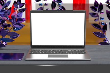 Laptop computer screen mockup above triple golden cylinder pedestal with black marble background...