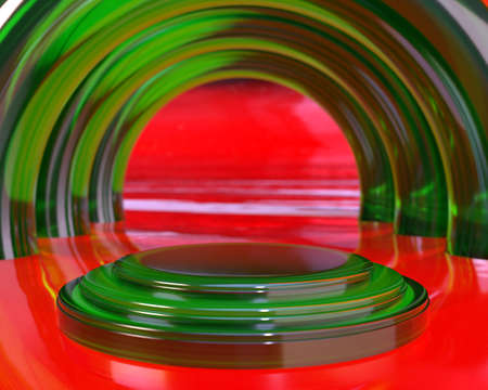 Triple green Cylinder pedestal podium with green circle column design on red background for product presentation stage display by 3d rendering technique.の写真素材