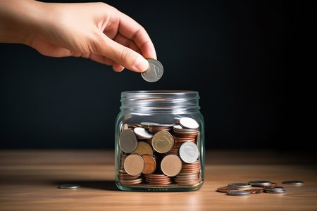 Hand holds jar overflowing with money, symbolizing wealth, opportunity, and financial growth.の写真素材