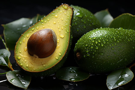 Vibrant green avocado; close up; ripe and fresh; surrounded by flowers; natural