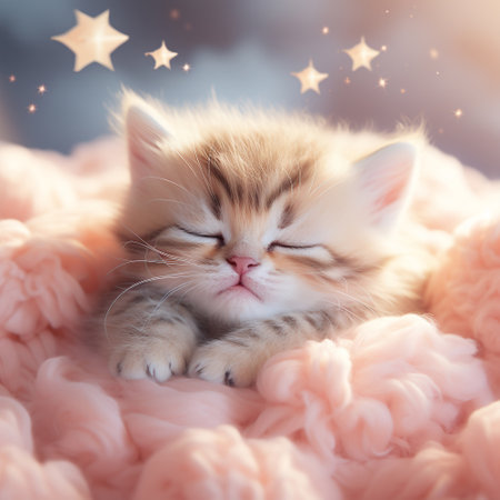 Fluffy Orange Kitten Lounging in Soft Pink Clouds at Dawnの写真素材