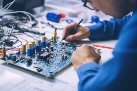Engineers Collaborating on Electronic Circuit Board Design in a Modern Office Settingの写真素材