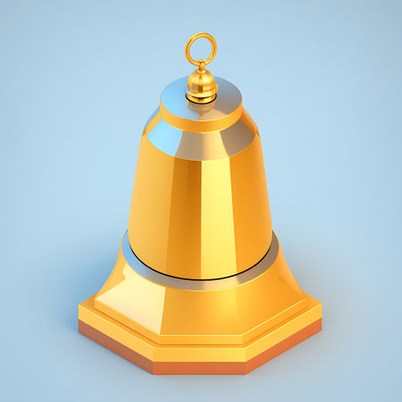 Christmas bell isolated on blue background. 3d render. Golden bellの素材