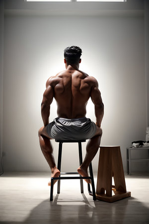 Handsome muscular man in sportswear sitting on chair and looking awayの素材