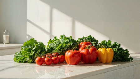 Vegetablesle table in the kitchen with sunlight from windowの写真素材
