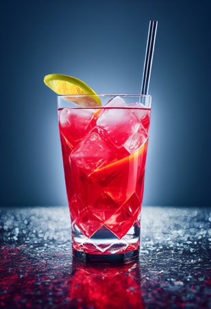 A delicious refreshing red pink whiskey cocktail with ice and fruit, chilled. located on the bar, in the background bar with alcohol and bottles. Bokeh-style background, focusing on the cocktailの写真素材