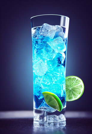 A delicious refreshing brown cocktail with ice and fruit, chilled. located on the bar, in the background bar with alcohol and bottles. Bokeh-style background, focusing on the cocktailの写真素材
