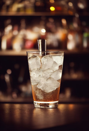 A delicious refreshing brown cocktail with ice and fruit, chilled. located on the bar, in the background bar with alcohol and bottles. Bokeh-style background, focusing on the cocktailの写真素材