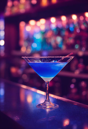 A delicious refreshing brown cocktail with ice and fruit, chilled. located on the bar, in the background bar with alcohol and bottles. Bokeh-style background, focusing on the cocktailの写真素材