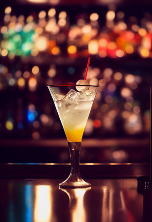 A delicious refreshing yellow cocktail with ice and fruit, chilled. located on the bar, in the background bar with alcohol and bottles. Bokeh-style background, focusing on the cocktailの写真素材