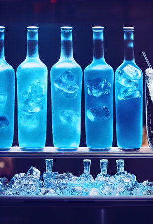 A delicious refreshing alcohol bottles with ice, chilled. located on the bar, in the background bar. Bokeh-style background, focusing on the bottleの写真素材