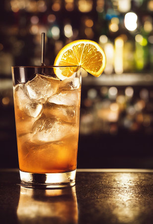 A delicious refreshing brown cocktail with ice and fruit, chilled. located on the bar, in the background bar with alcohol and bottles. Bokeh-style background, focusing on the cocktailの写真素材