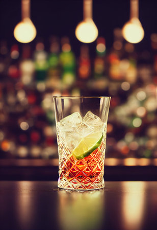 A delicious refreshing brown cocktail with ice and fruit, chilled. located on the bar, in the background bar with alcohol and bottles. Bokeh-style background, focusing on the cocktailの写真素材