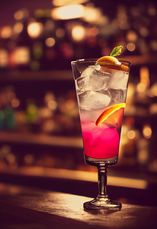A delicious refreshing red pink whiskey cocktail with ice and fruit, chilled. located on the bar, in the background bar with alcohol and bottles. Bokeh-style background, focusing on the cocktailの写真素材