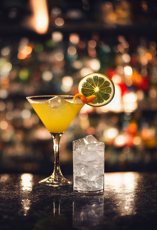 A delicious refreshing yellow cocktail with ice and fruit, chilled. located on the bar, in the background bar with alcohol and bottles. Bokeh-style background, focusing on the cocktailの写真素材