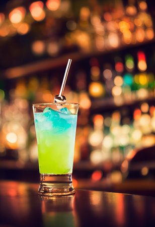 A delicious refreshing colored cocktail with ice and fruit, chilled. located on the bar, in the background bar with alcohol and bottles. Bokeh-style background, focusing on the cocktailの写真素材
