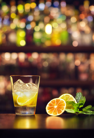 A delicious refreshing yellow cocktail with ice and fruit, chilled. located on the bar, in the background bar with alcohol and bottles. Bokeh-style background, focusing on the cocktailの写真素材