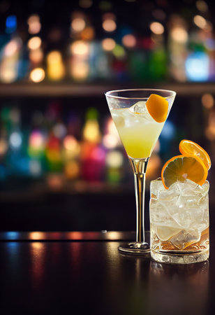 A delicious refreshing yellow cocktail with ice and fruit, chilled. located on the bar, in the background bar with alcohol and bottles. Bokeh-style background, focusing on the cocktailの写真素材