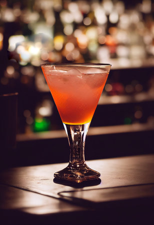 cocktail with ice and fruit, chilled. located on the bar, in the background bar with alcohol and bottles. Bokeh-style background, focusing on the cocktailの写真素材