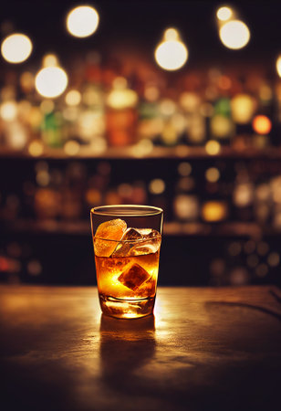 A delicious refreshing brown whiskey cocktail with ice and fruit, chilled. located on the bar, in the background bar with alcohol and bottles. Bokeh-style background, focusing on the cocktailの写真素材