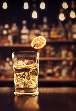 A delicious refreshing brown whiskey cocktail with ice and fruit, chilled. located on the bar, in the background bar with alcohol and bottles. Bokeh-style background, focusing on the cocktailの写真素材