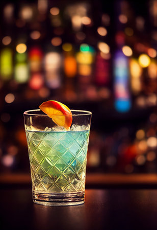 A delicious refreshing colored cocktail with ice and fruit, chilled. located on the bar, in the background bar with alcohol and bottles. Bokeh-style background, focusing on the cocktailの写真素材
