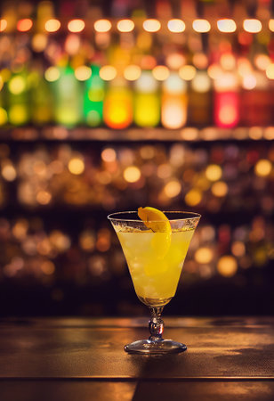 A delicious refreshing yellow cocktail with ice and fruit, chilled. located on the bar, in the background bar with alcohol and bottles. Bokeh-style background, focusing on the cocktailの写真素材