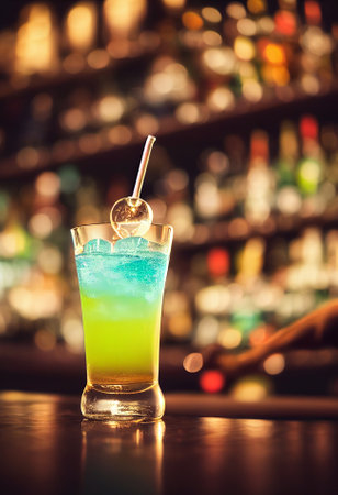 A delicious refreshing colored cocktail with ice and fruit, chilled. located on the bar, in the background bar with alcohol and bottles. Bokeh-style background, focusing on the cocktailの写真素材