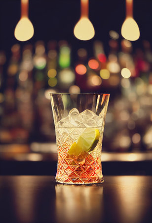 A delicious refreshing orange cocktail with ice and fruit, chilled. located on the bar, in the background bar with alcohol and bottles. Bokeh-style background, focusing on the cocktailの写真素材